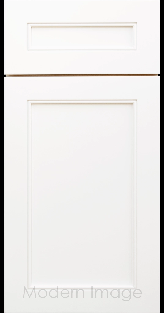 Highland Dove White painted Shaker kitchen cabinet door with wide rails and a flat center panel.